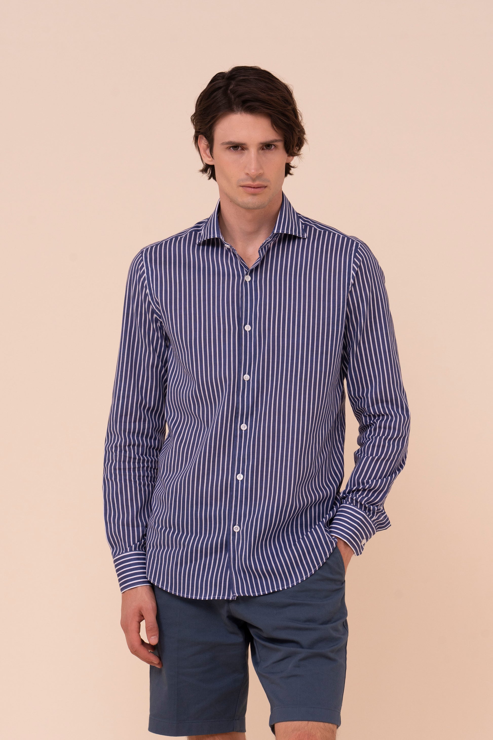 Sean camicia in voile di cotone - Fantasia a righe - DARKBLUE
