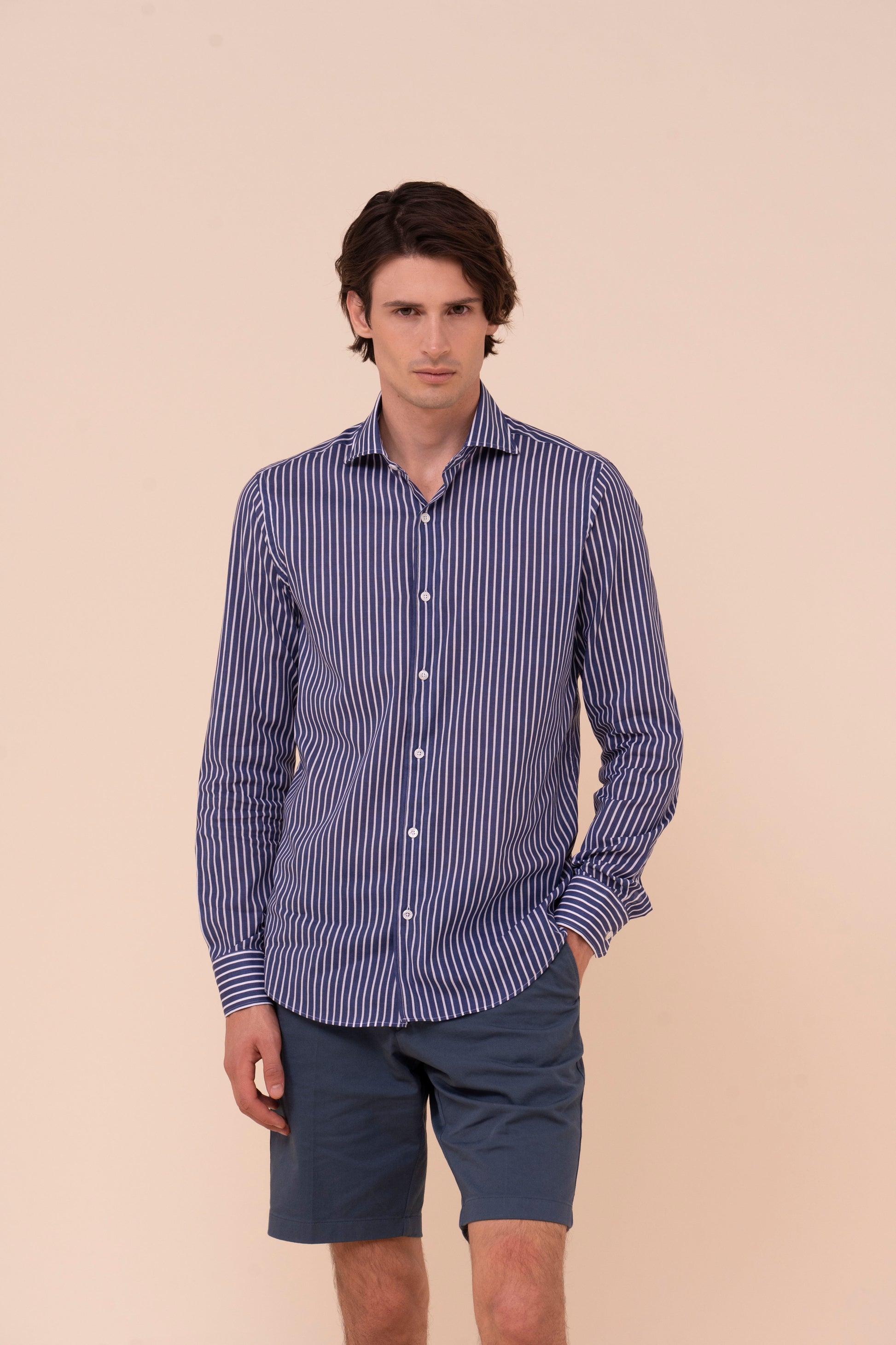 Sean camicia in voile di cotone - Fantasia a righe - DARKBLUE