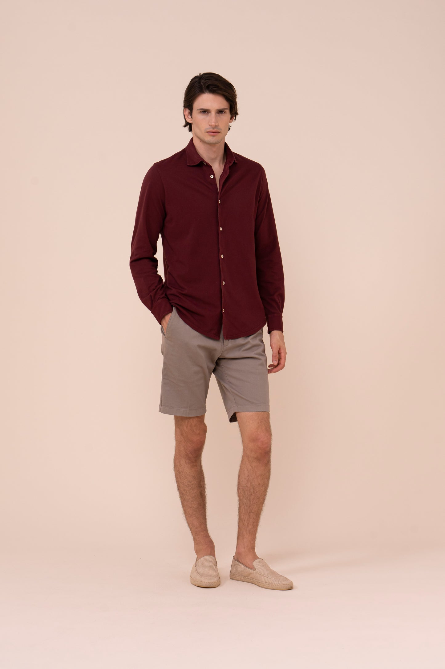 Steve Piquet Cotton Long Sleeve Shirt - MERLOT