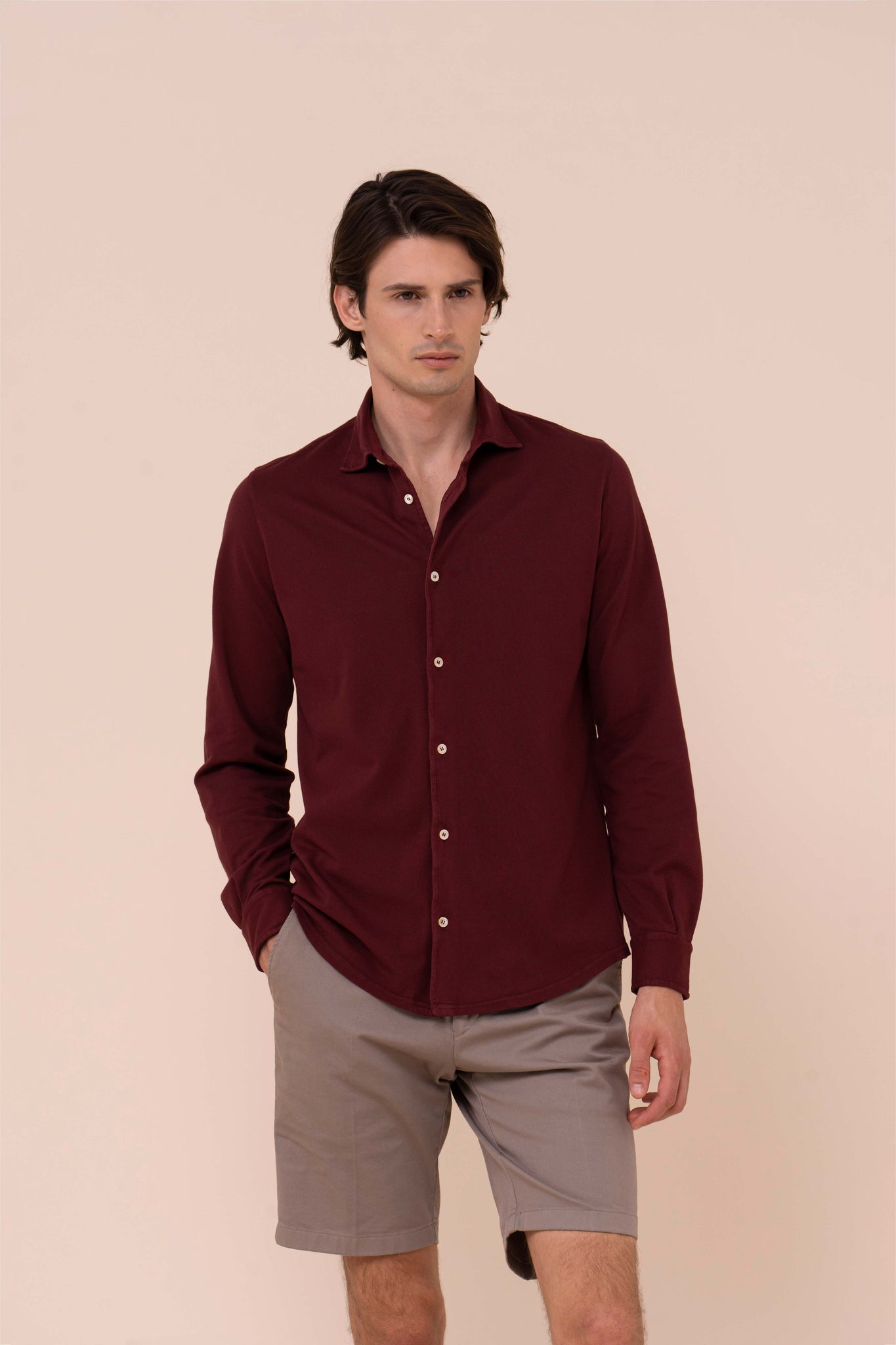 Steve Piquet Cotton Long Sleeve Shirt - MERLOT