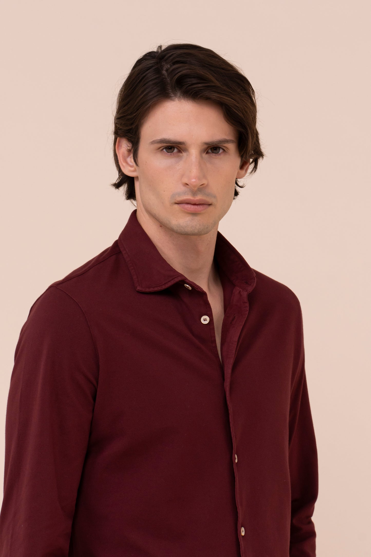 Steve Piquet Cotton Long Sleeve Shirt - MERLOT