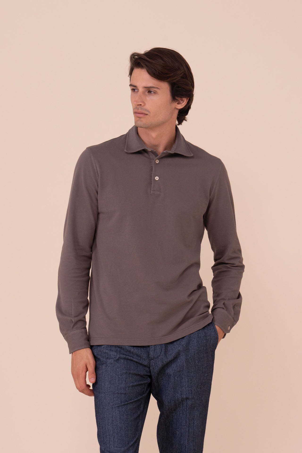 North Piquet Cotton Long Sleeve Polo - DARKGREIGE