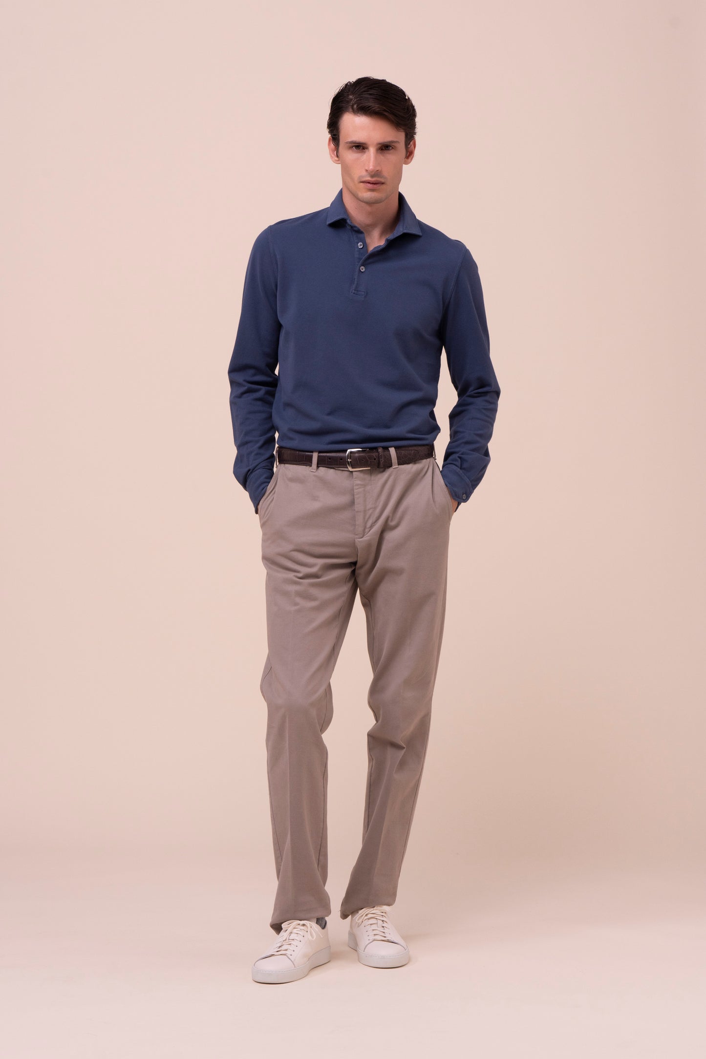 Zero polo a maniche lunghe in piquet di cotone - DARKBLUE