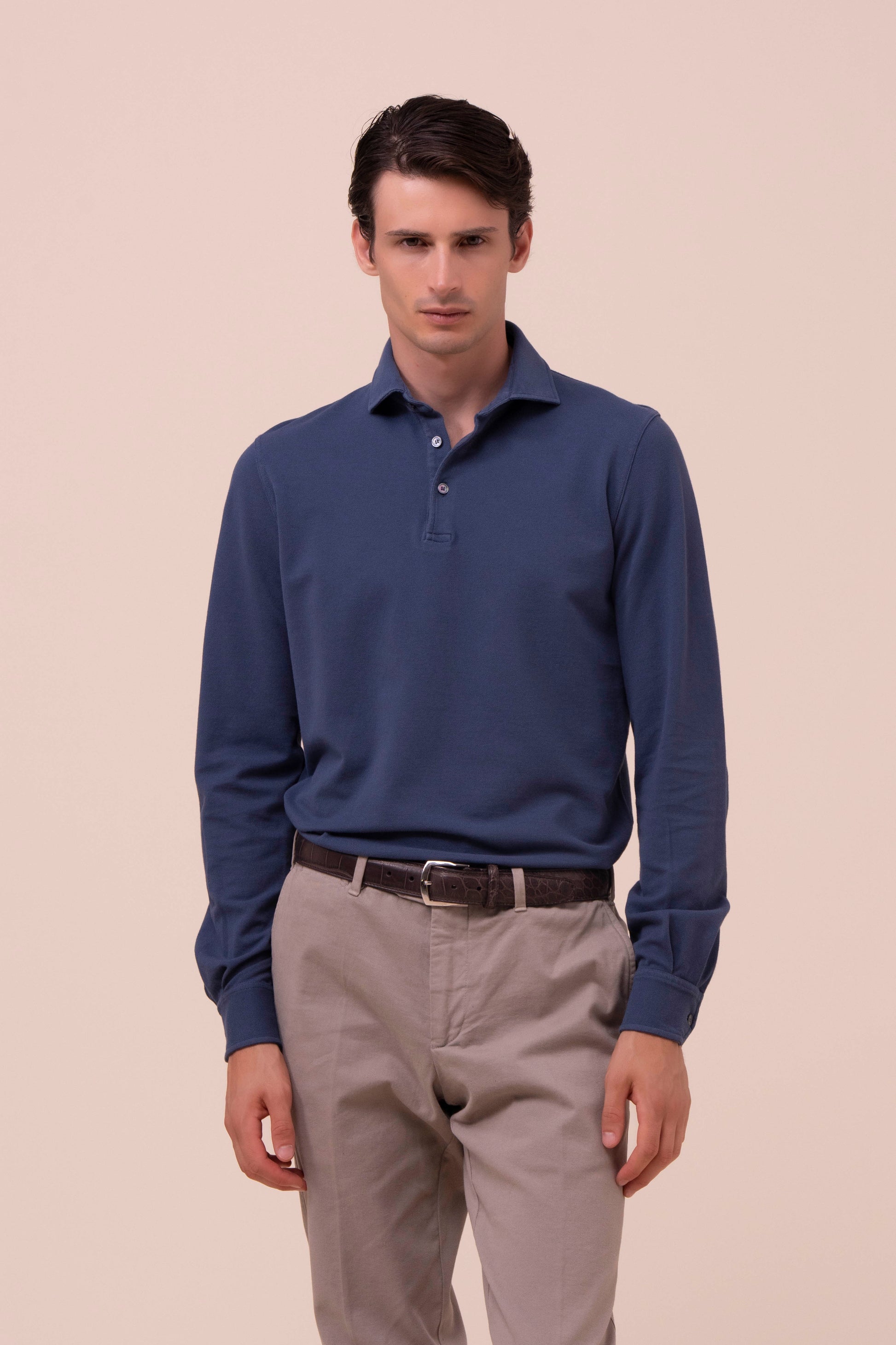 Zero polo a maniche lunghe in piquet di cotone - DARKBLUE