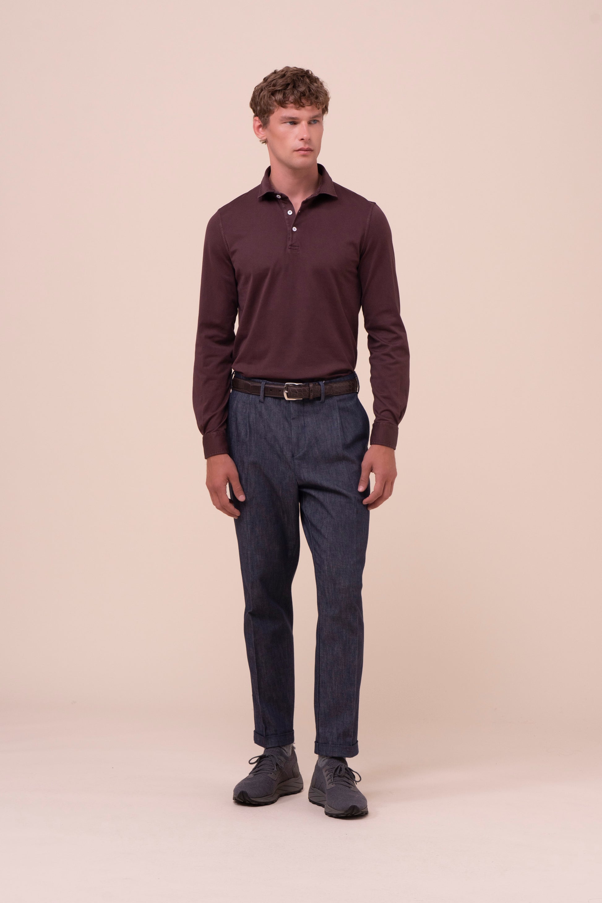 Zero polo a manica lunga in cotone organico - BURGUNDY