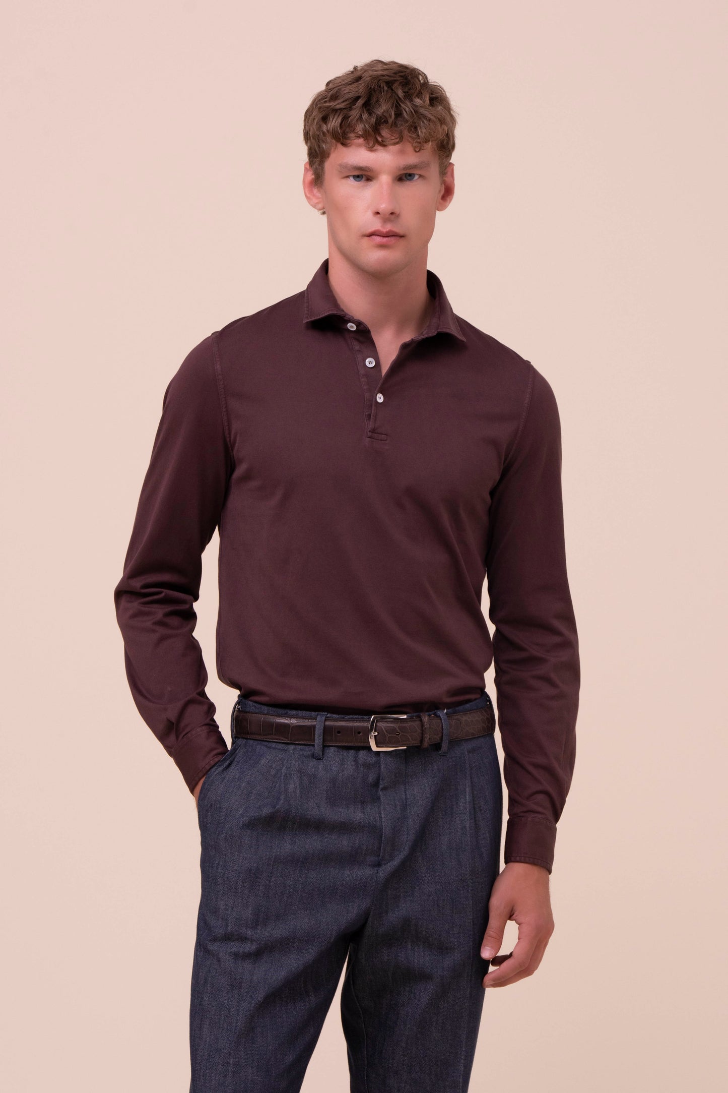 Zero polo a manica lunga in cotone organico - BURGUNDY