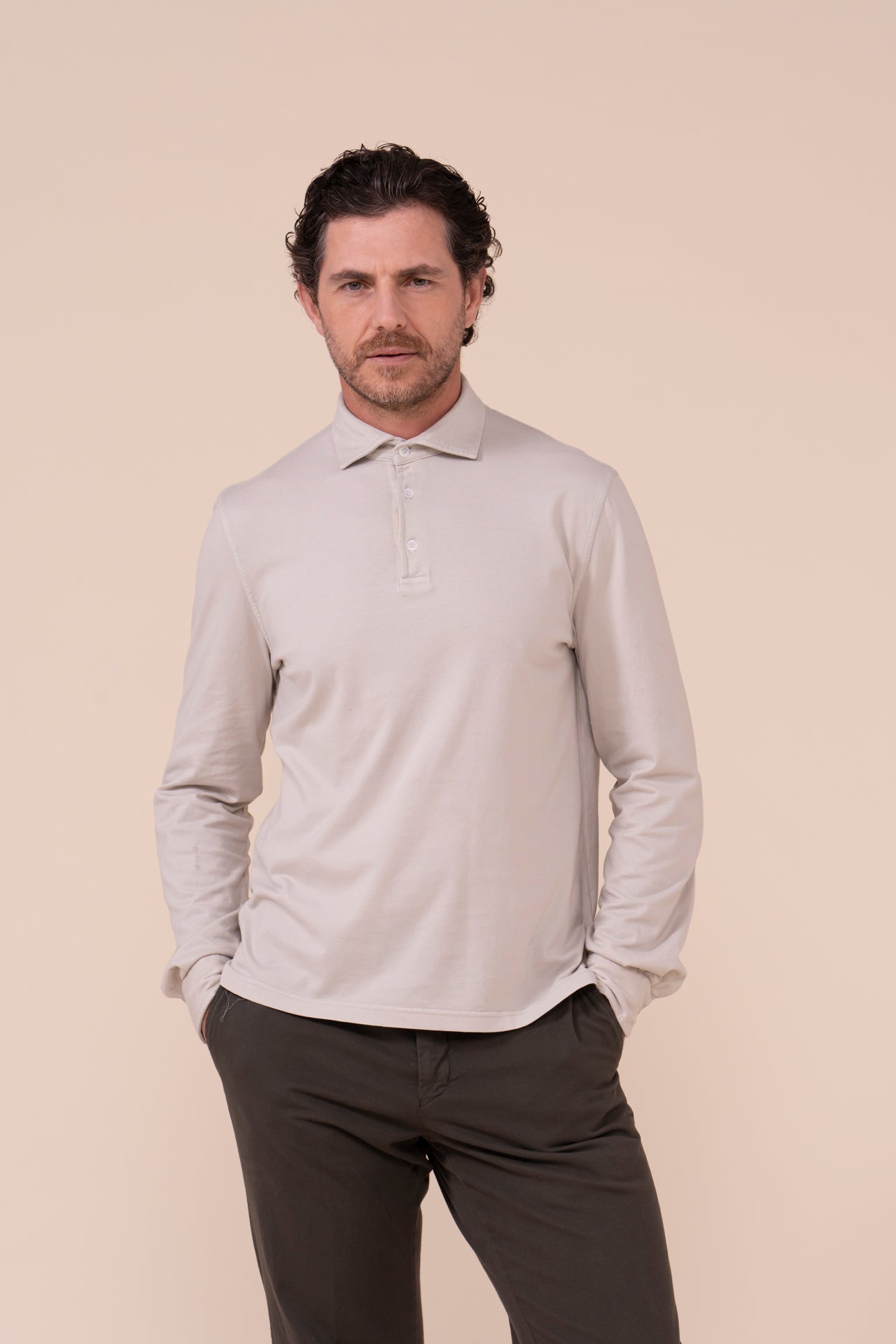 Zero Organic Cotton Long Sleeve Polo - WHITESMOKE