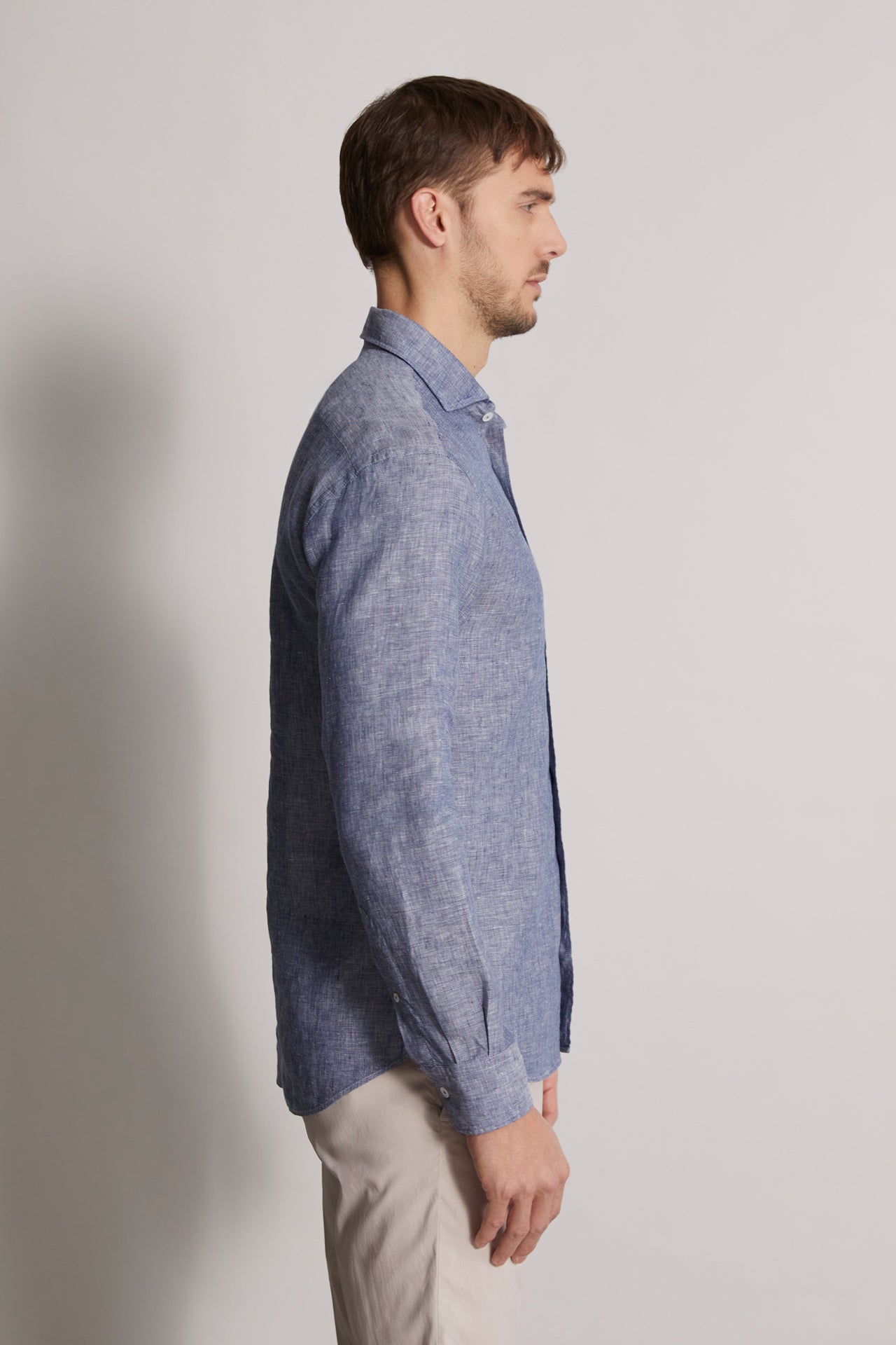 mens blue linen shirt in denim - side view 