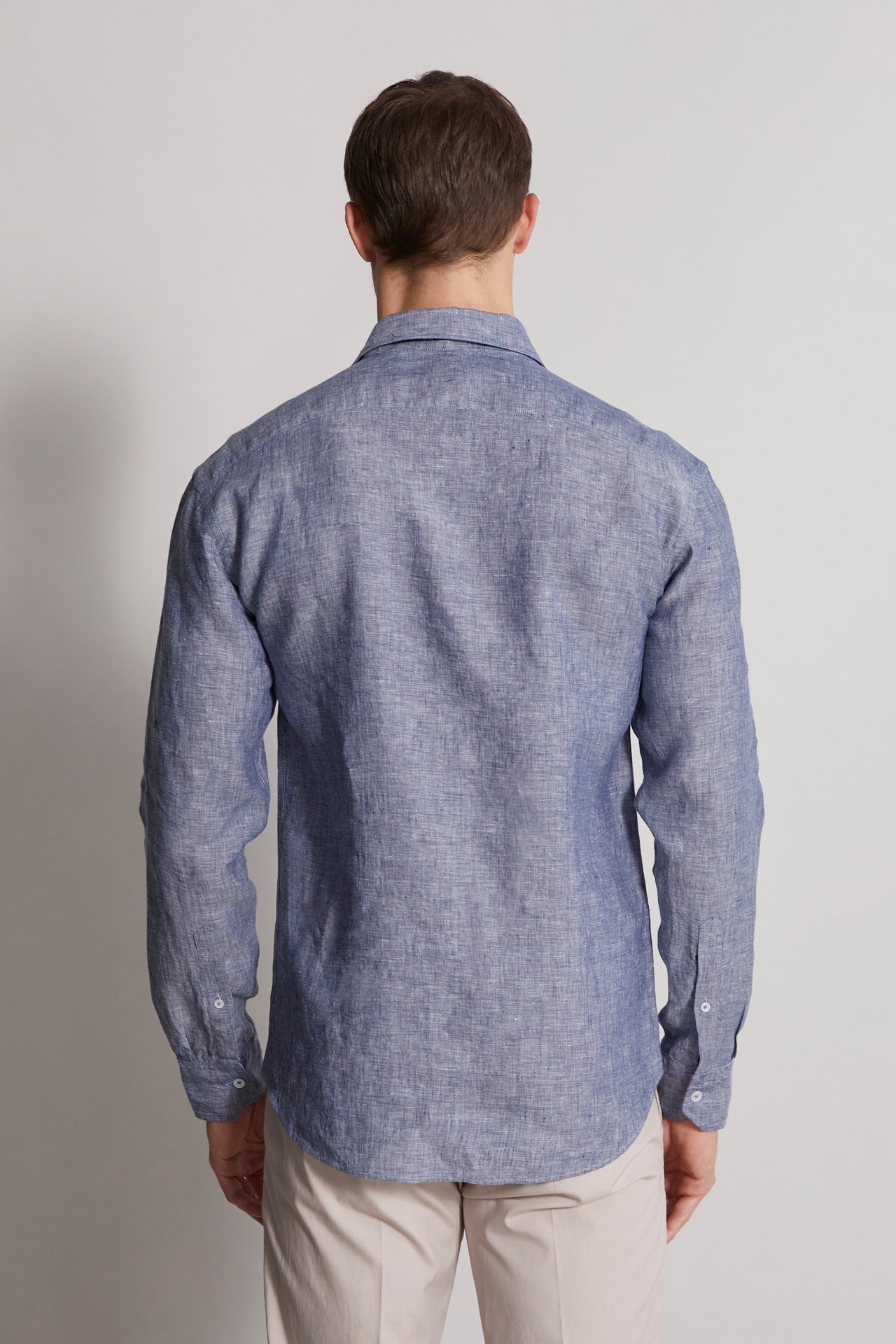mens blue linen shirt in denim - back view 
