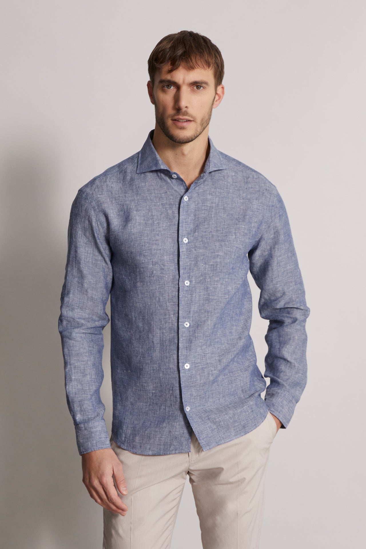 mens blue linen shirt in denim - front view 