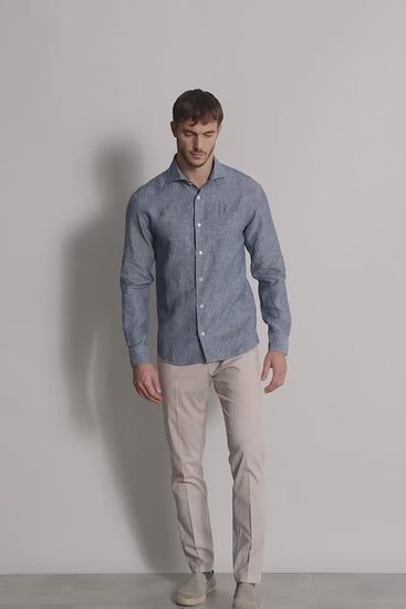 mens blue linen shirt in denim - video