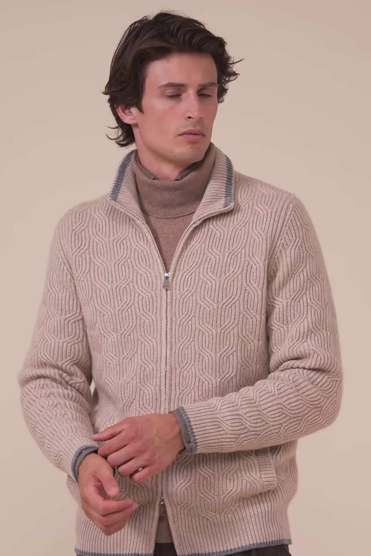 Zago Cashmere Full-zip Sweater - Bicolor - ALMOND
