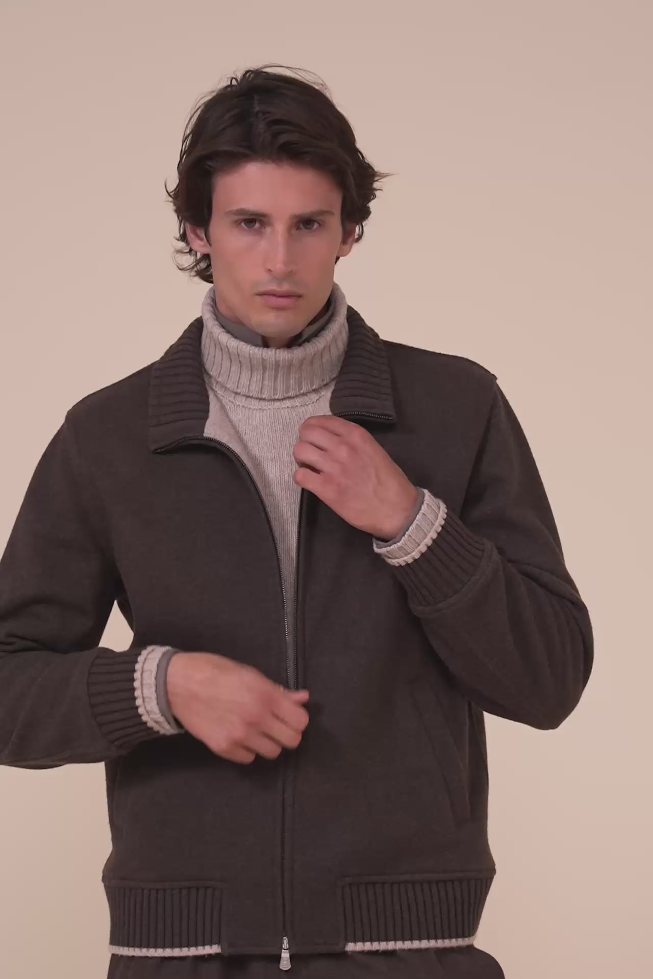Lugano giacca in cashmere flanel con zip - COFFEE
