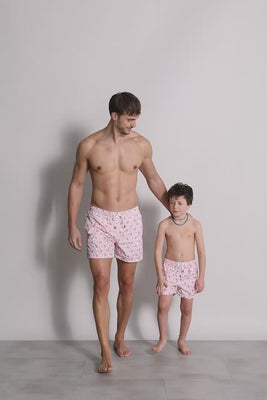 father and son designer swim trunks star pattern