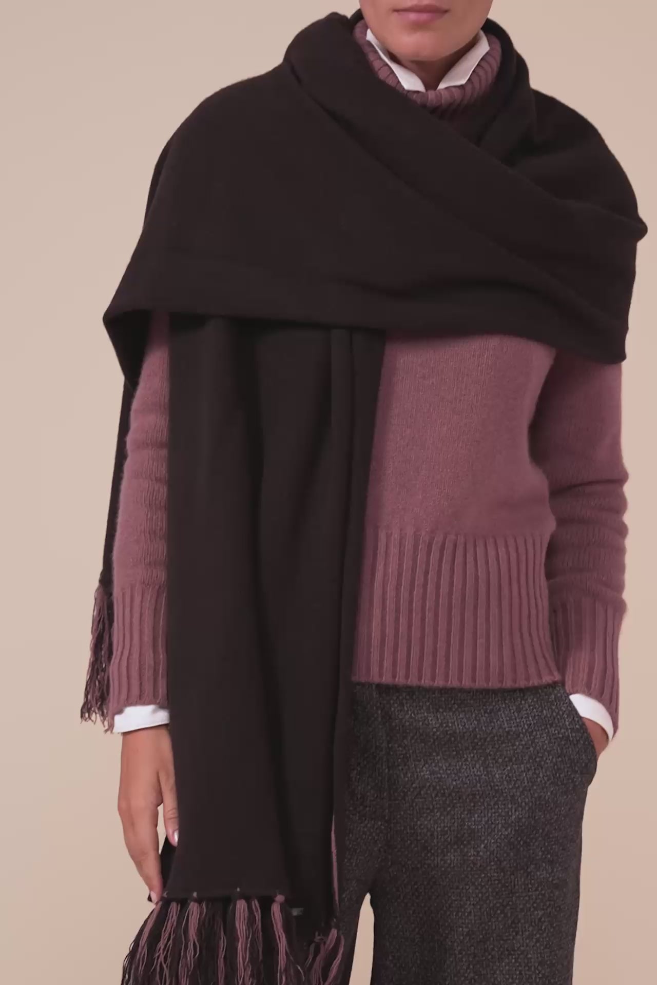 Open maxi sciarpa in cashmere con frange - DARKCHOCOLATE