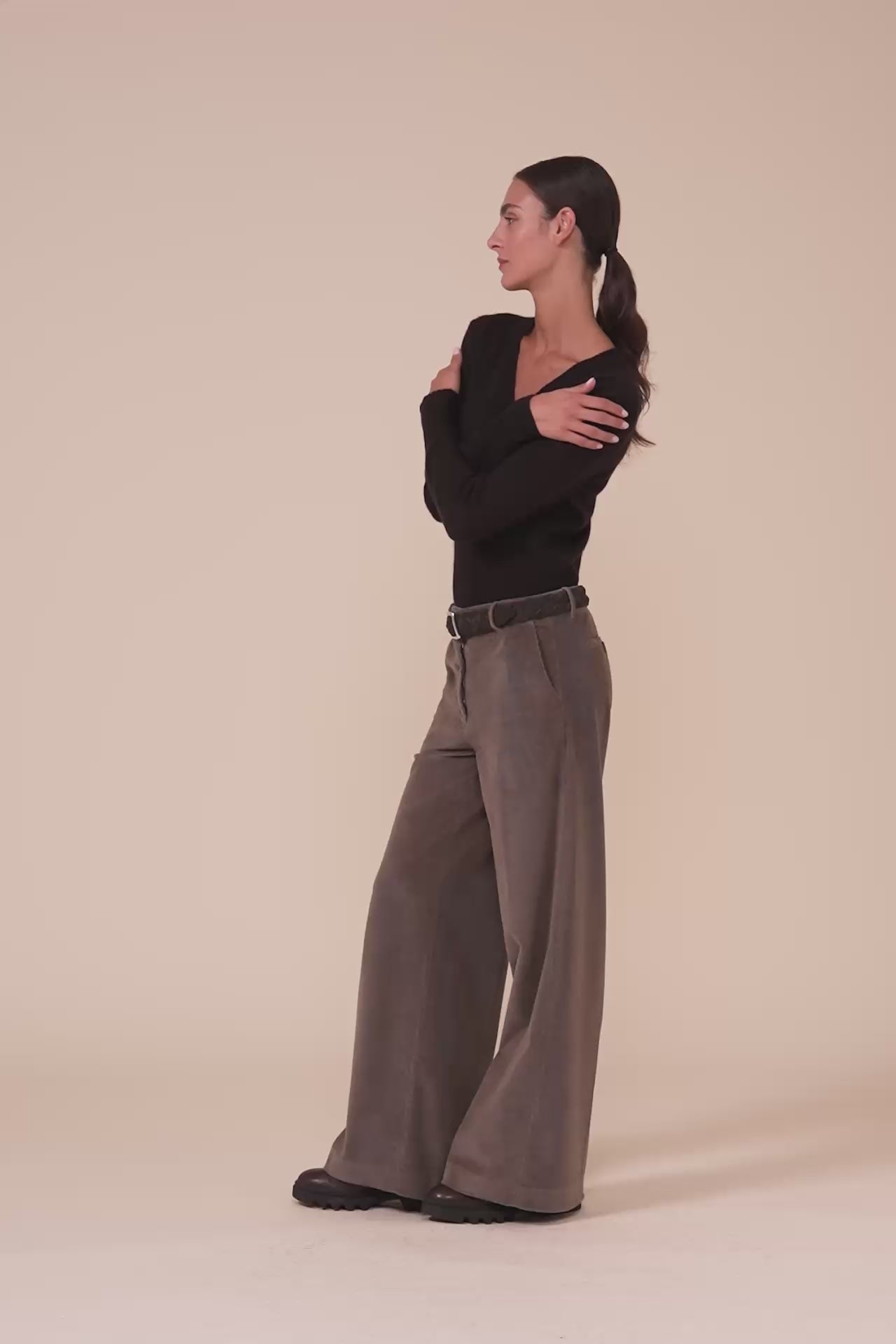 Gloria Velvet Corduroy Wide Leg Pants - GREIGE