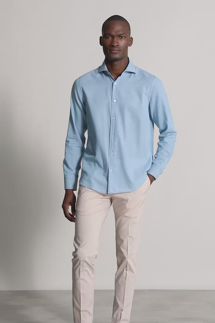 men's designer denim shirt with long sleeves in steel blue - video