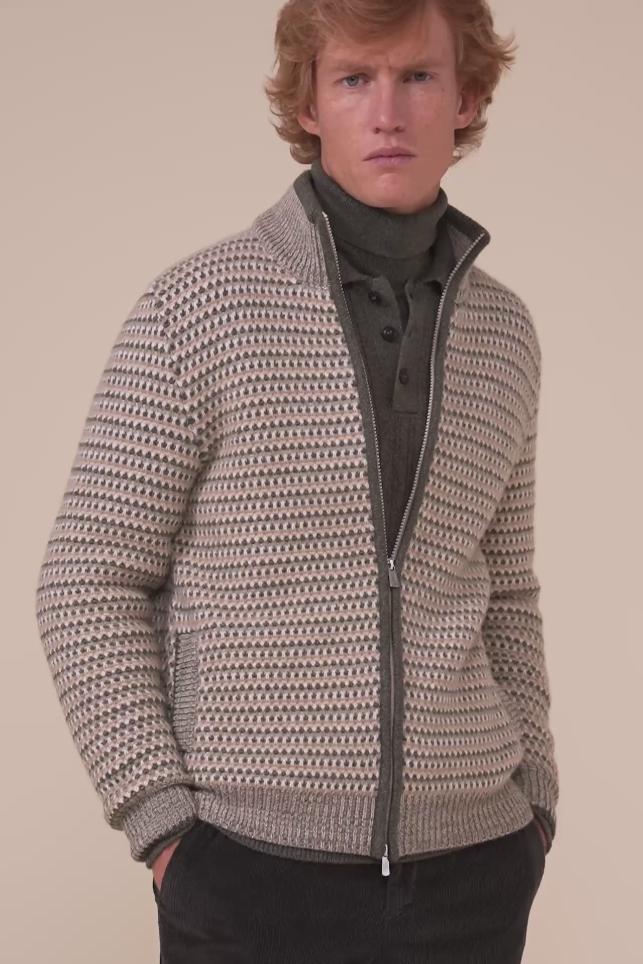 Perth Open Cashmere Jacquard Full-zip Sweater - ALMOND