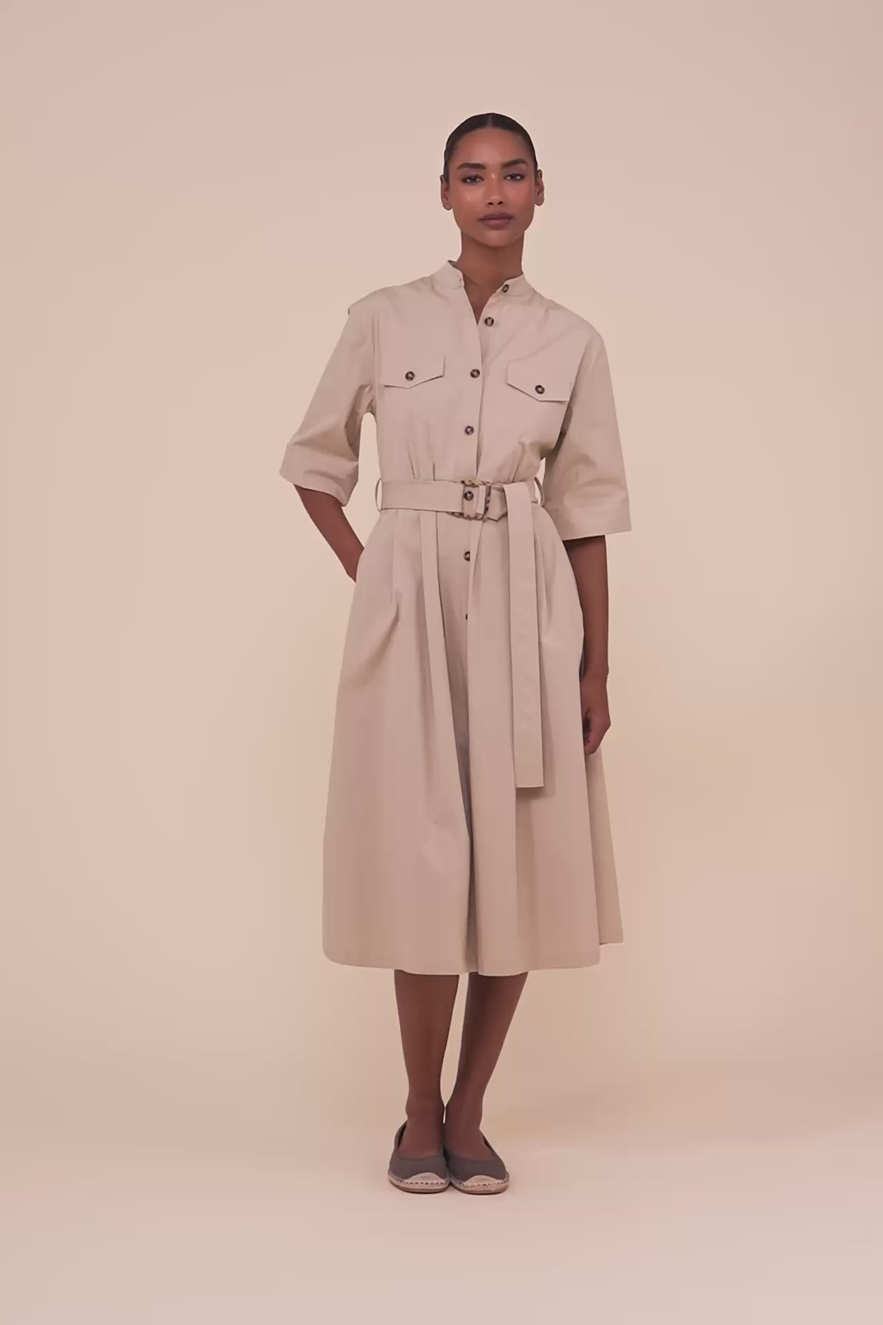 Rossi Cotton Poplin Belted Dress - ALMOND