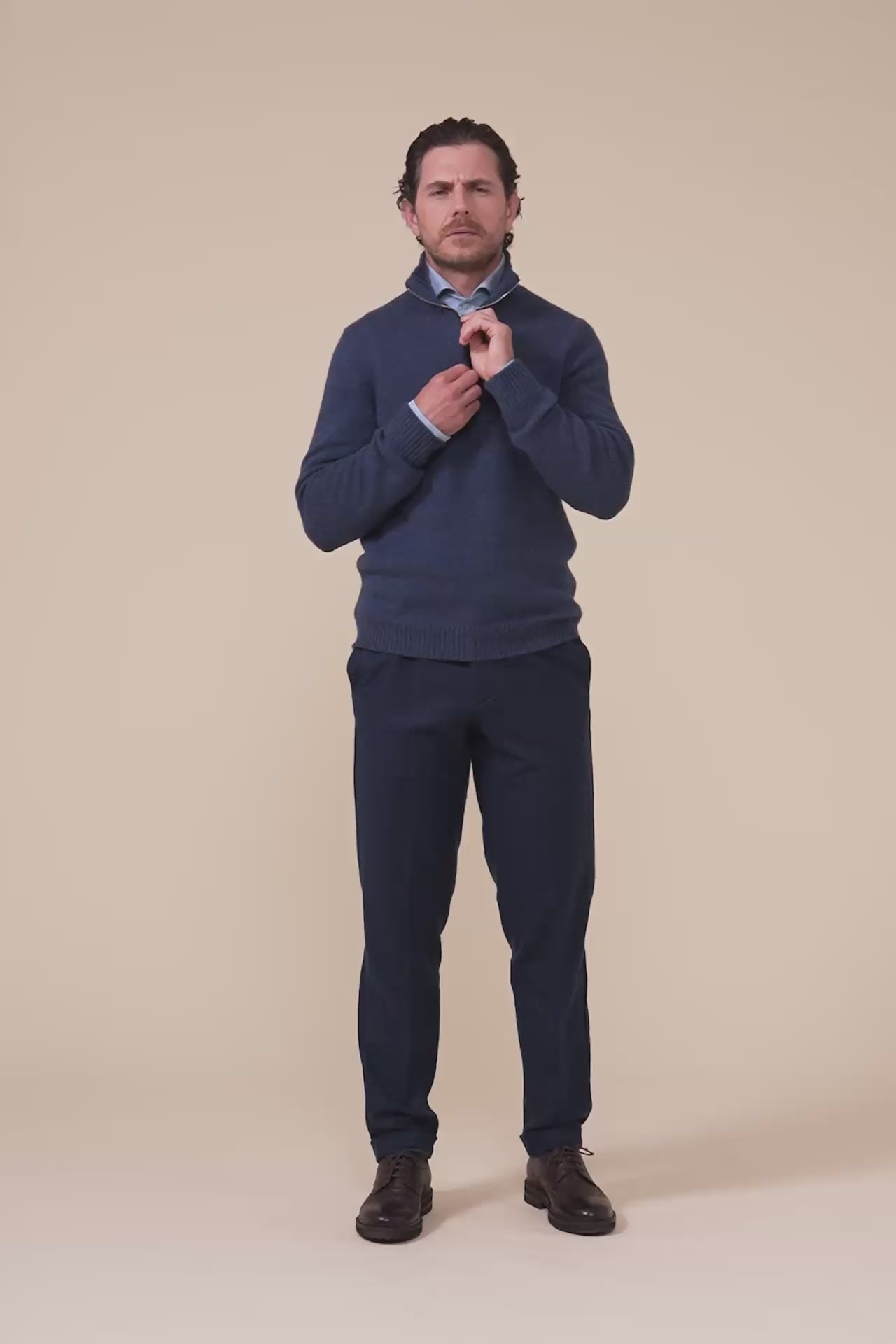 Eco twist maglia a mezza zip in cashmere con dettagli in suede - DENIM