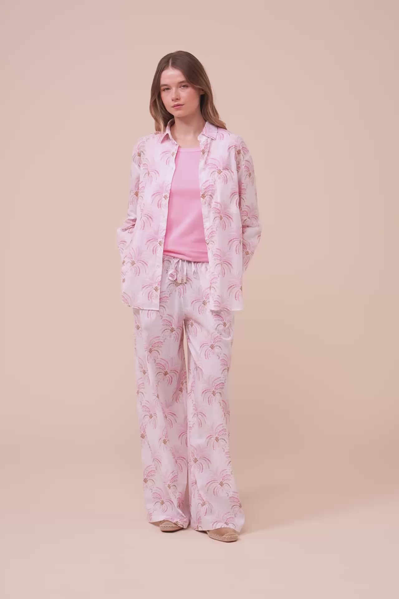 Palmaria Printed Cotton Voile Shirt - Palms Pattern - CORAL