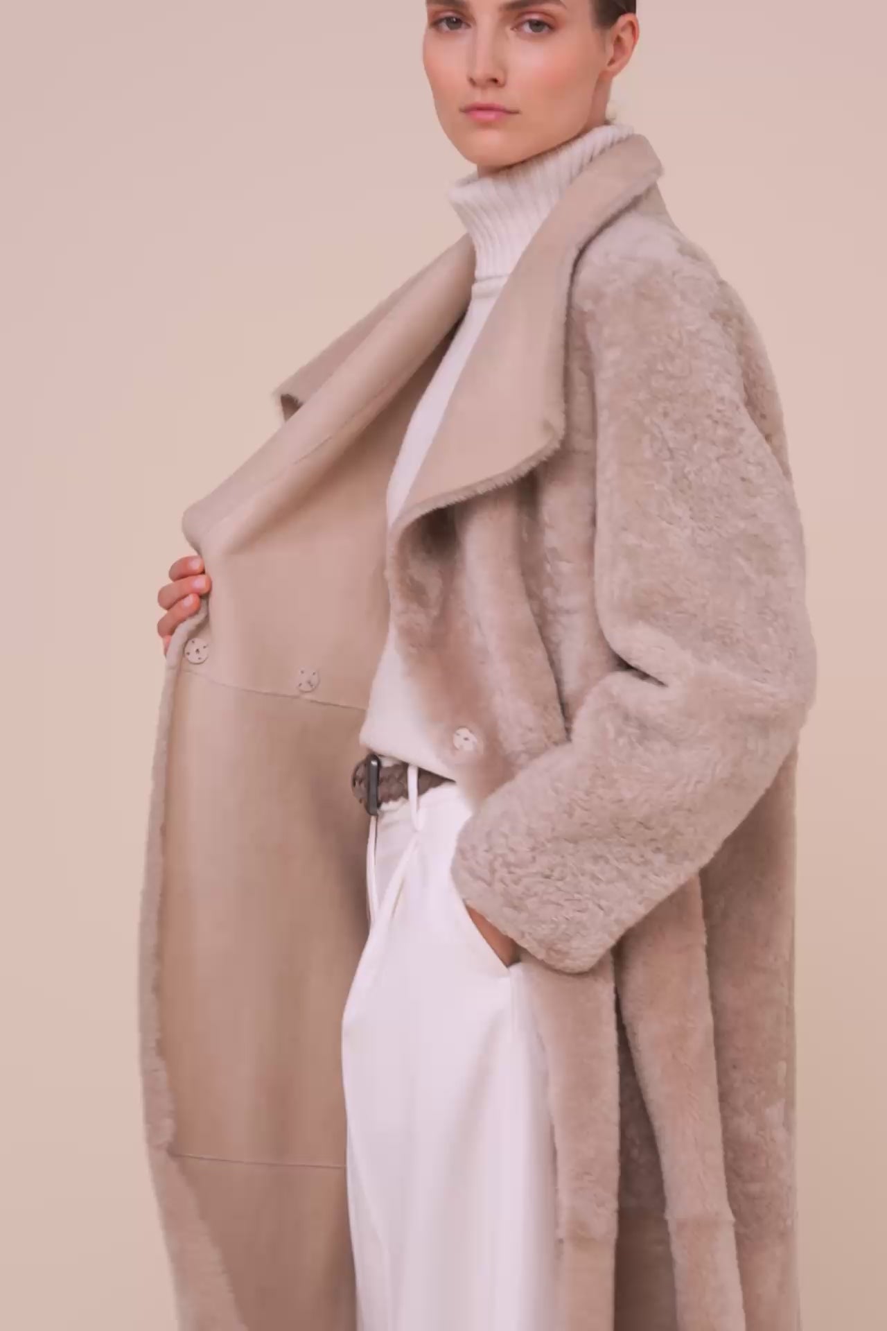 Petra Shearling Long Coat - Reversible - DESERT