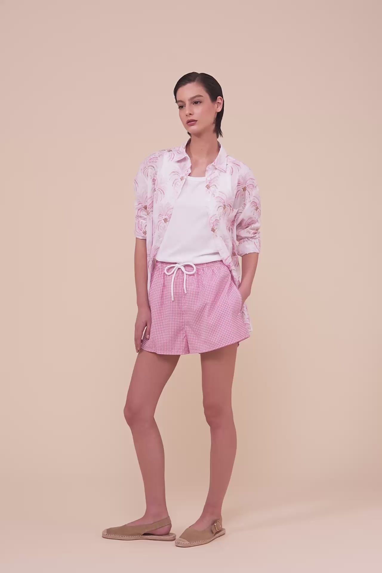 Palmaria Printed Cotton Voile Shirt - Palms Pattern - CORAL