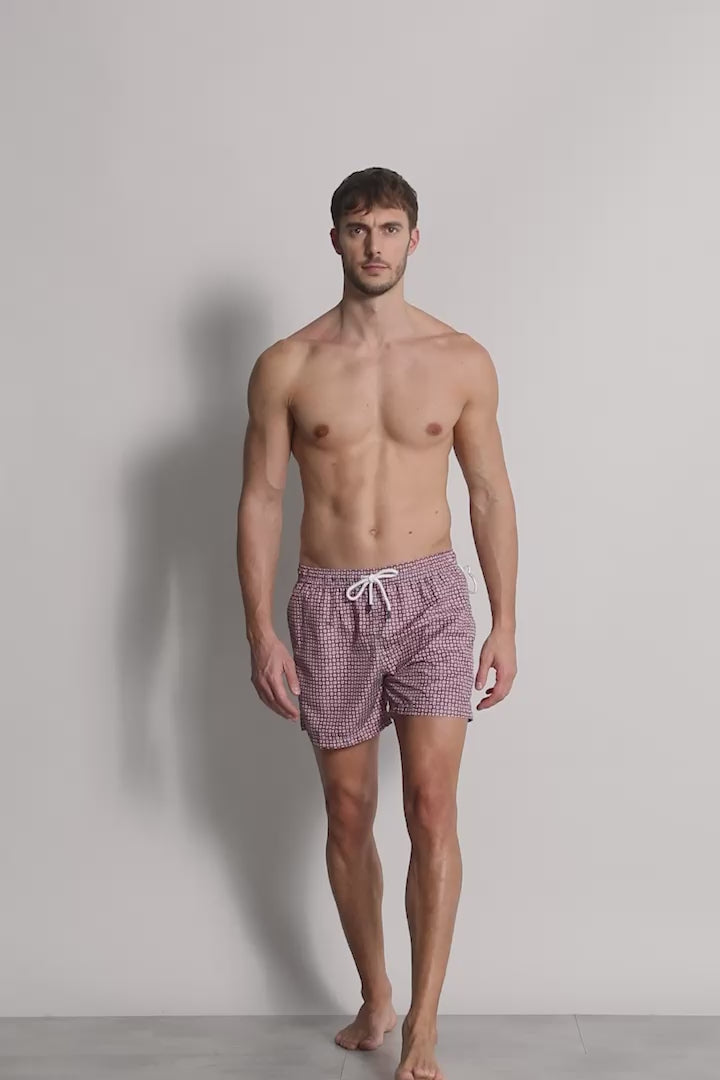 sustainable designer swim trunks Madeira - sienna red bottoni pattern