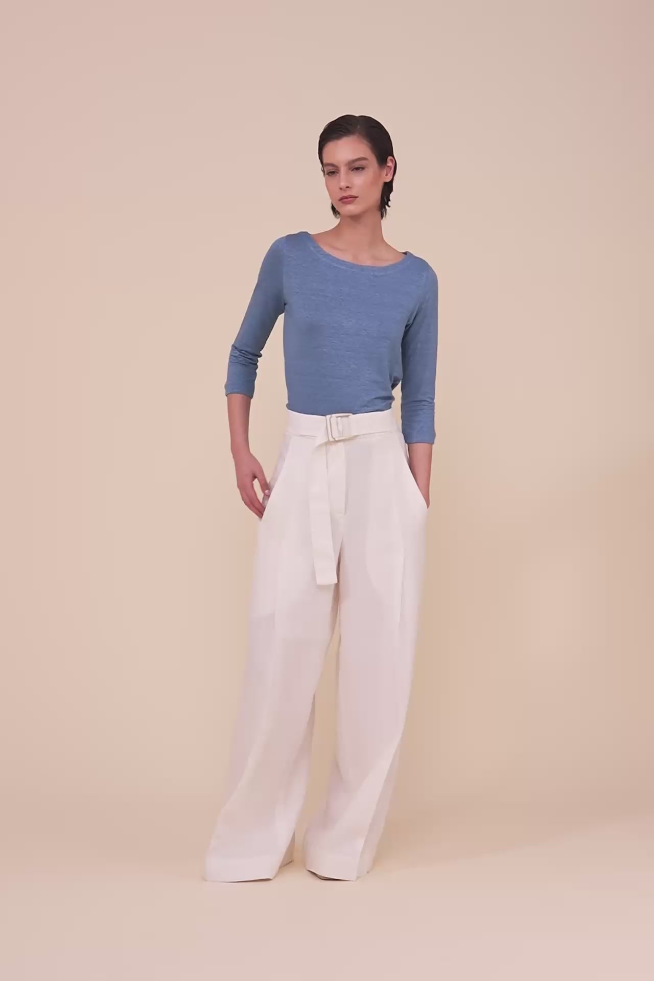 Luna Three-Quarter Sleeve Linen T-Shirt - STEELBLUE