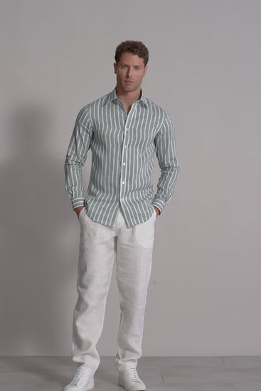 Designer Men's Striped Linen Shirt - White & Green - Video