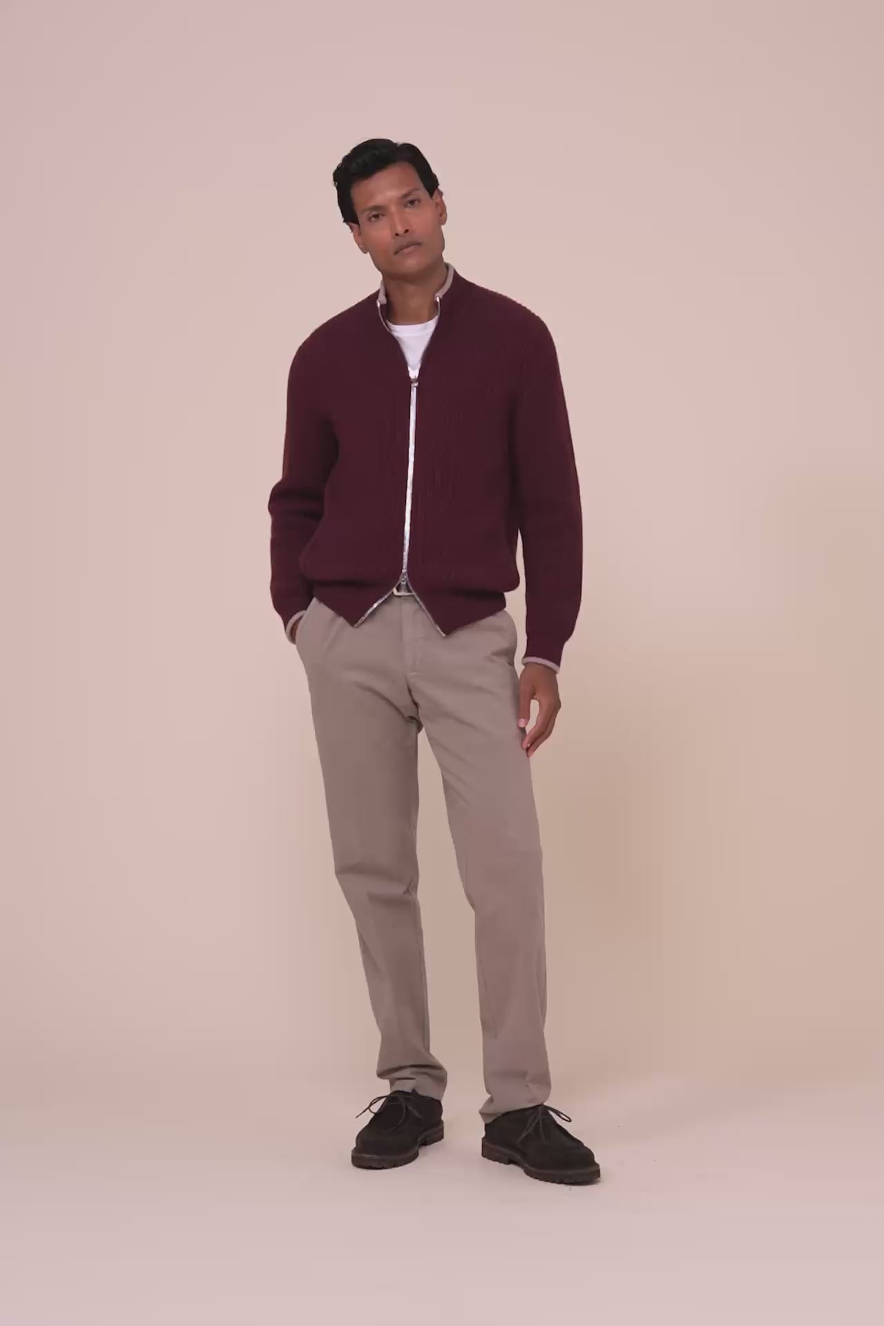 Sand Cashmere Full Zip Sweater - MAROON