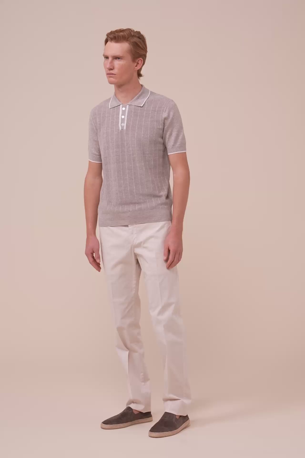 Dodo Cotton and Linen Ribbed Polo - GREIGE