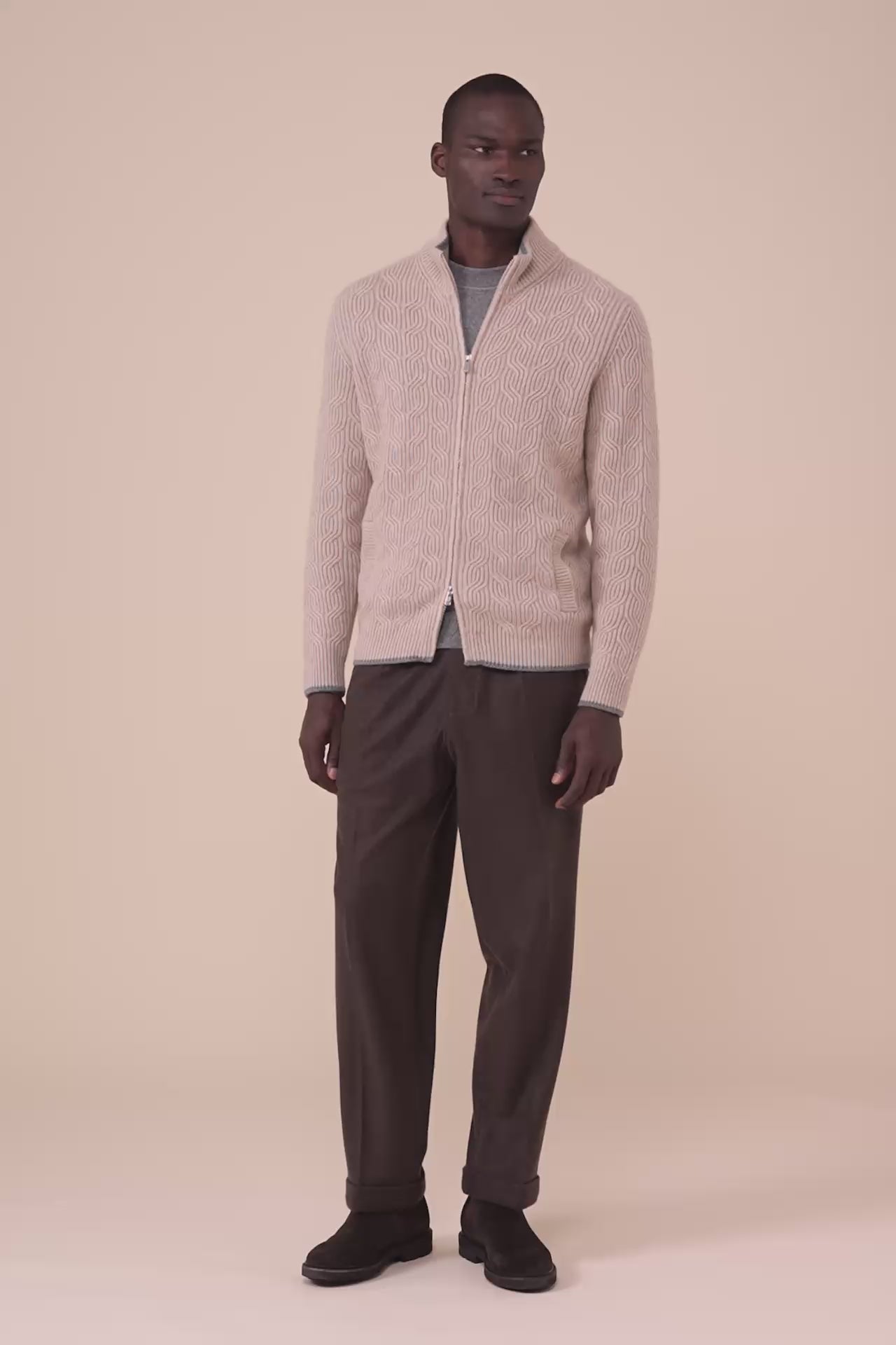 Zago Cashmere Full-zip Sweater - Bicolor - ALMOND