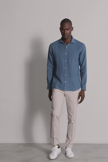 Men's Linen Shirts with Long Sleeve - Blue - Video