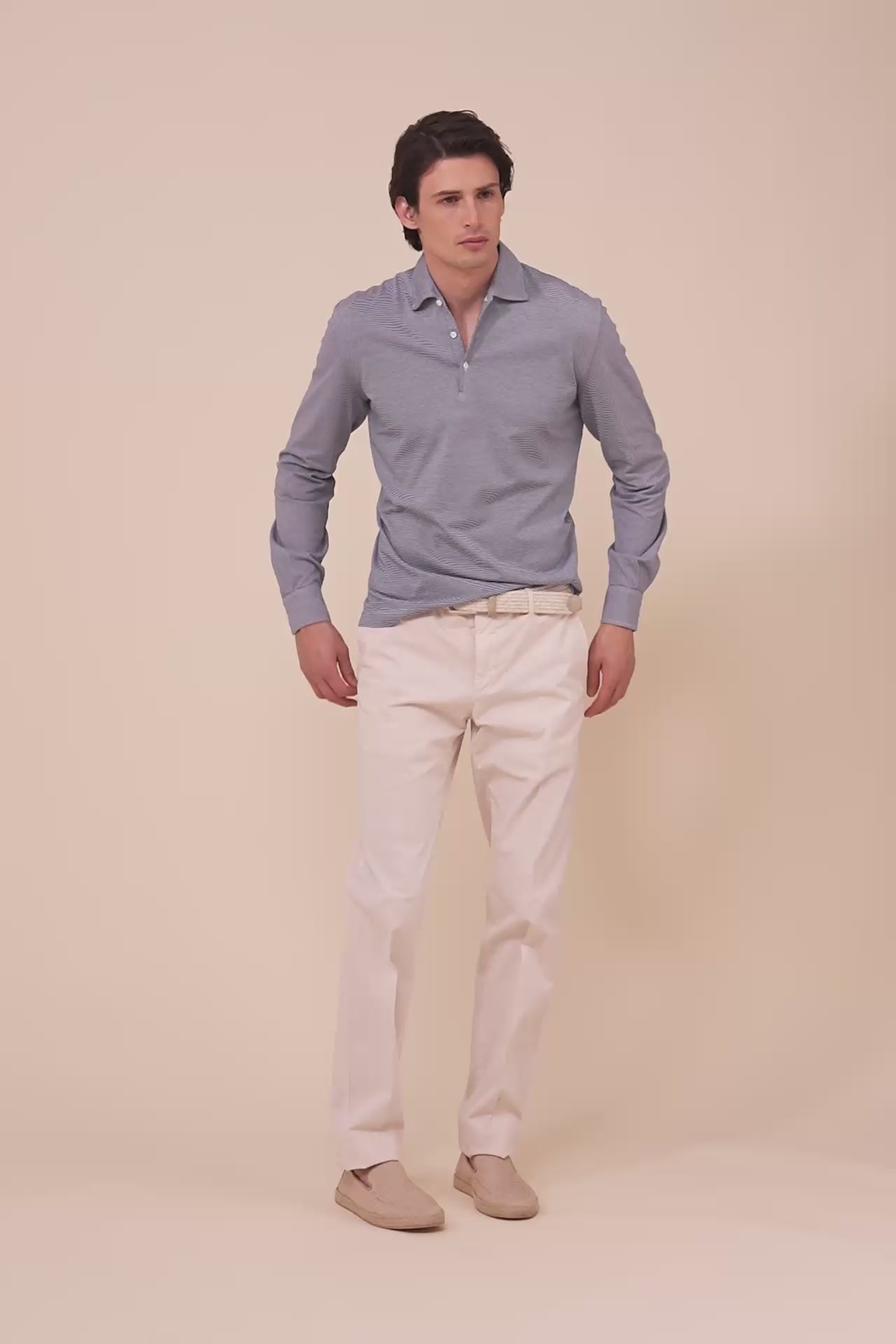 Libeccio Cotton Light Striped Long Sleeve Polo - MIDNIGHTBLUE