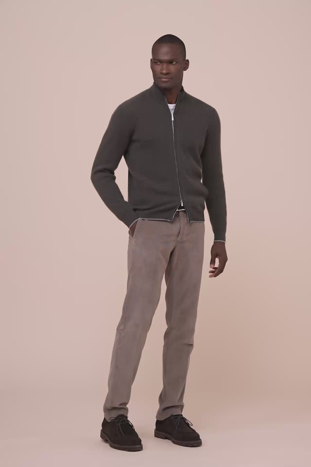 One maglia full zip in cashmere - bicolor - DARKOLIVEGREEN