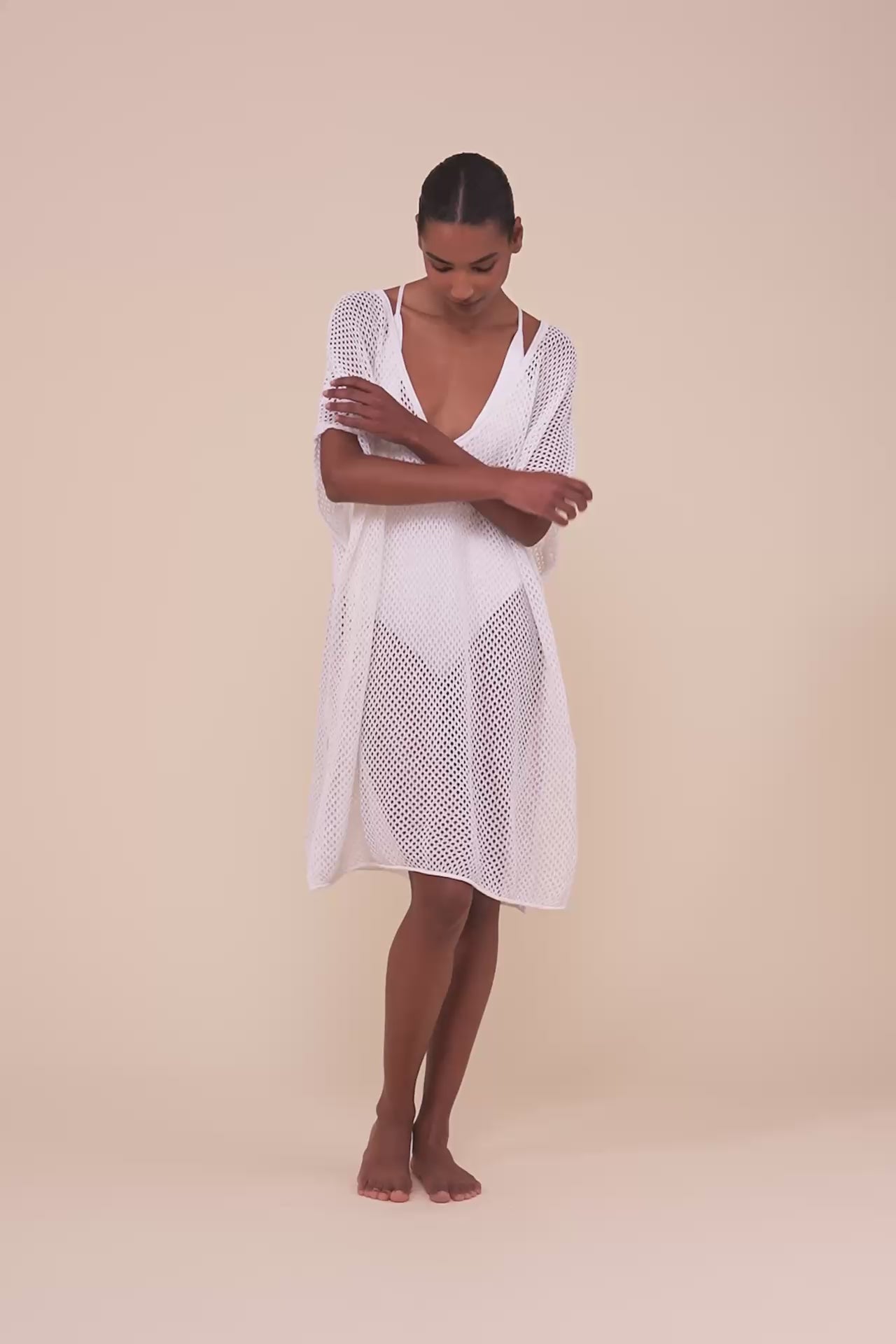 Cai caftano corto in maglia traforata - WHITE