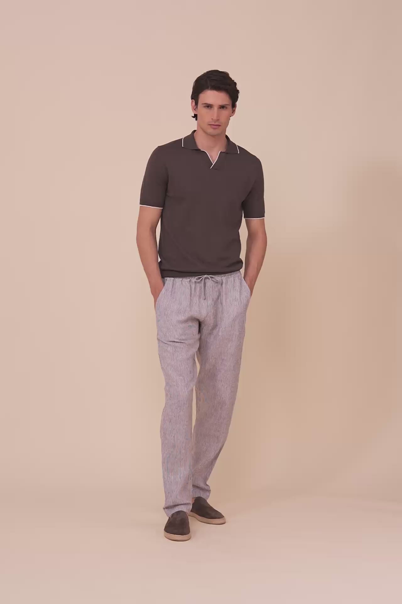 Delta Cotton and Linen V-Neck Knit Polo - DENIM