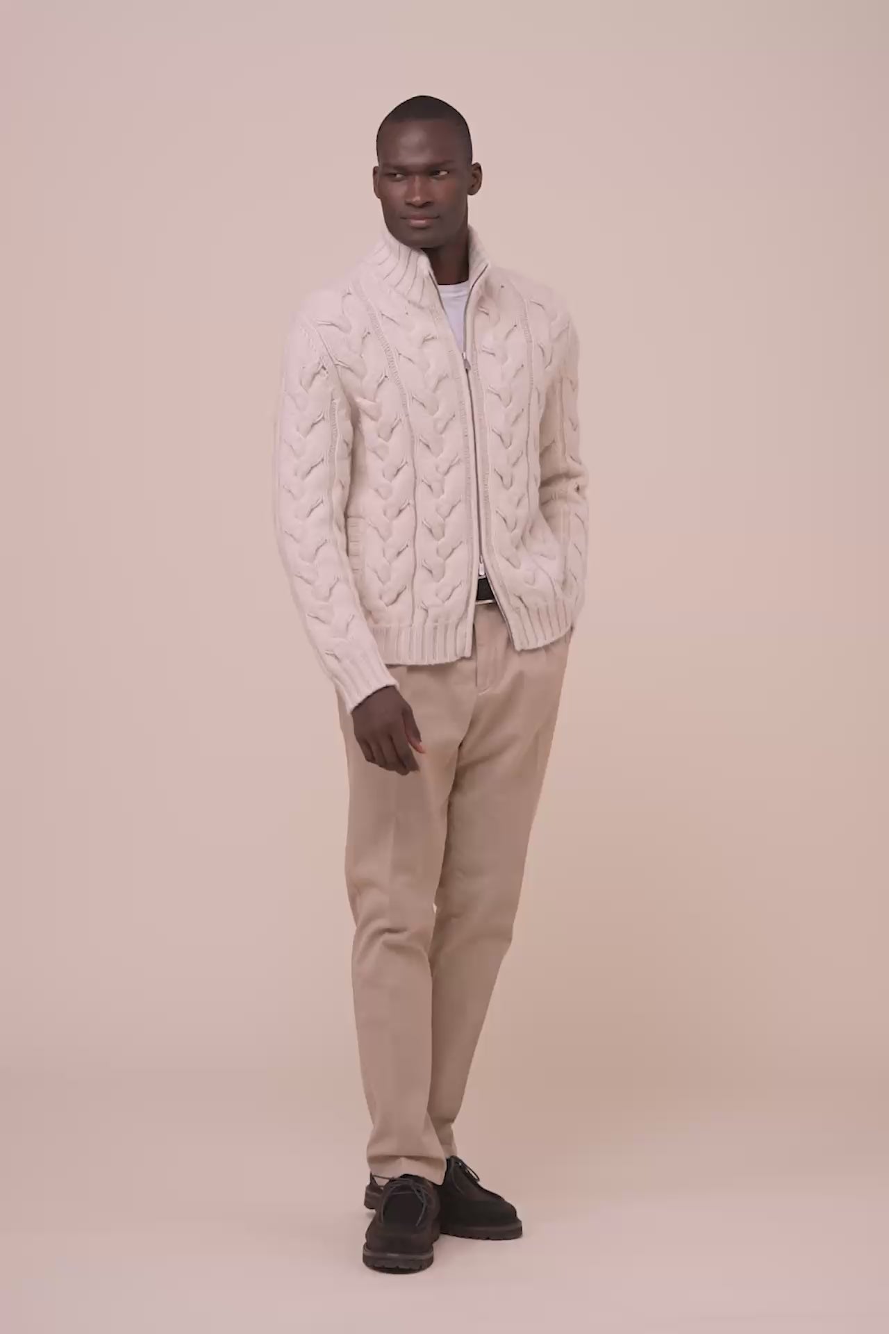 Hand Cashmere Full Zip Sweater - LINENMELANGE