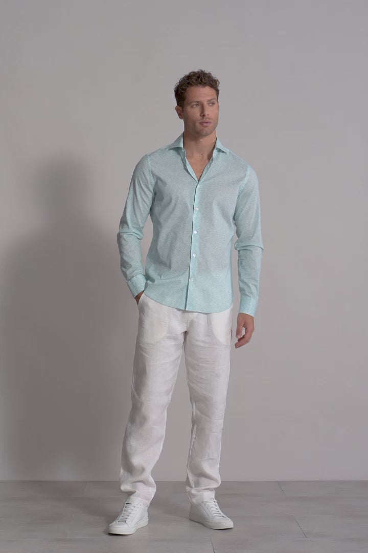 Men's Designer Cotton Voile Shirt - Feuille Pattern - Sea Green - Video 