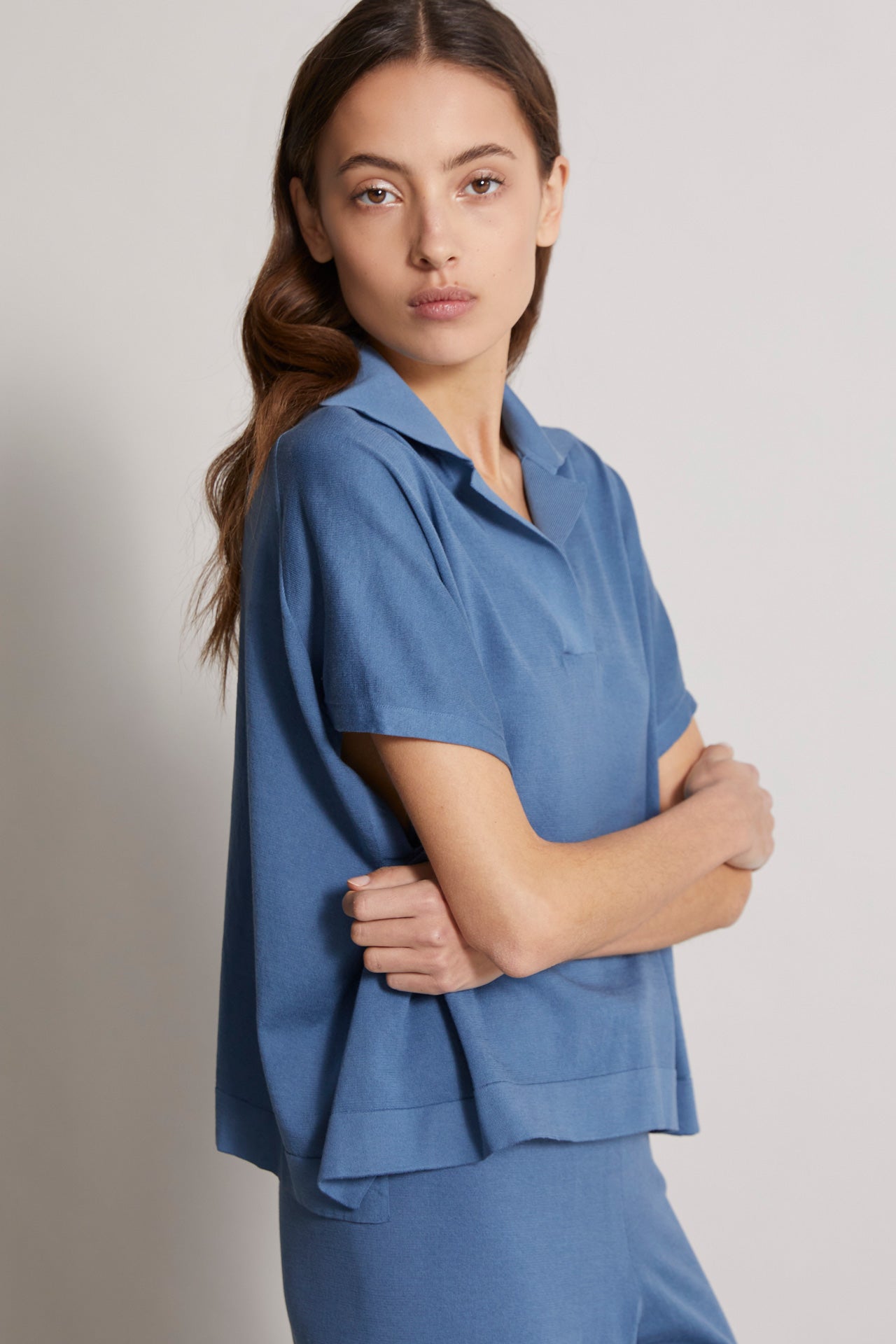 women's short sleeves buttonless knitted cotton polo in blue