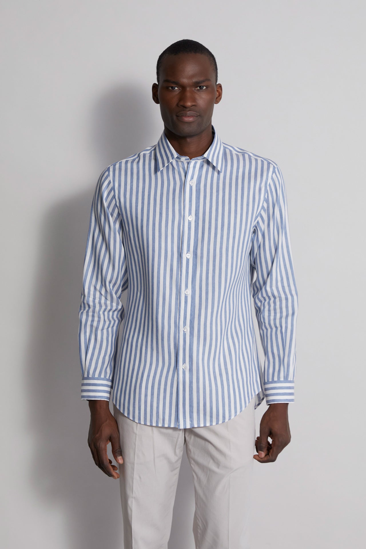 Designer Men's Striped Linen Shirt - White & Blue - Front View 