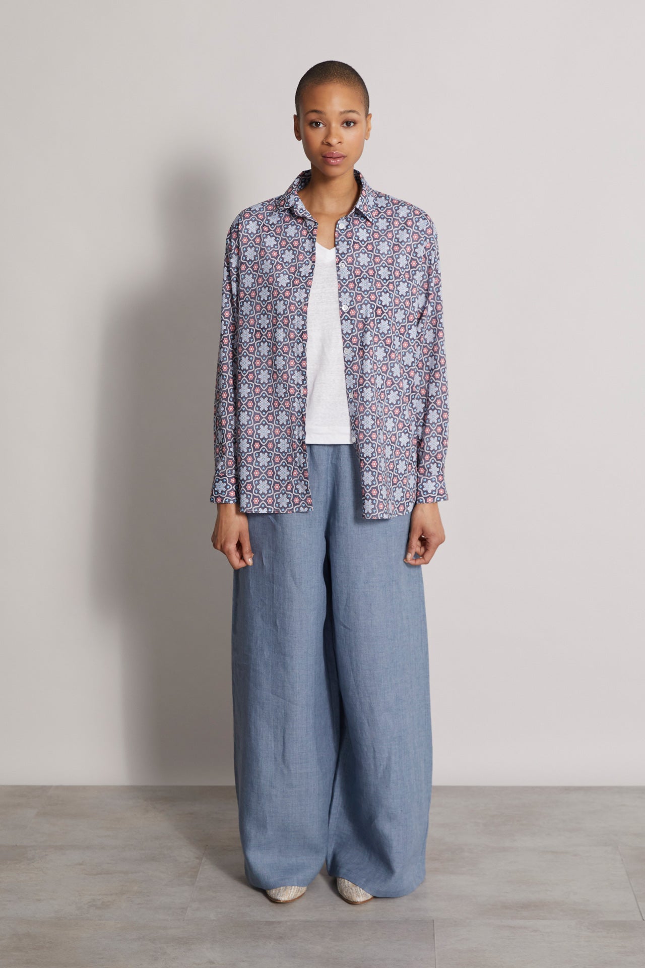 Palmaria stretch cotton voile printed shirt - maiolica pattern